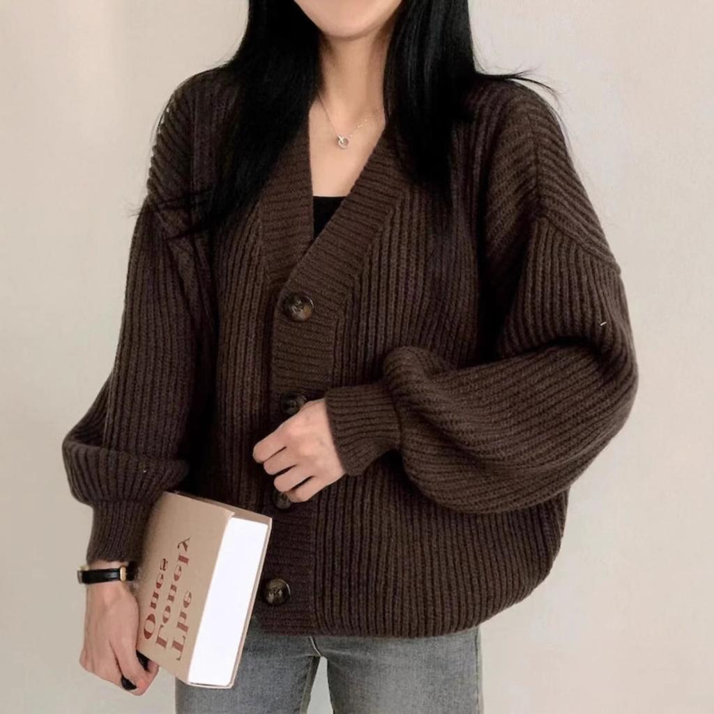 Autumn and winter new versatile sweater jacket women's style casual loose lazy lantern sleeve V-neck knitted cardigan