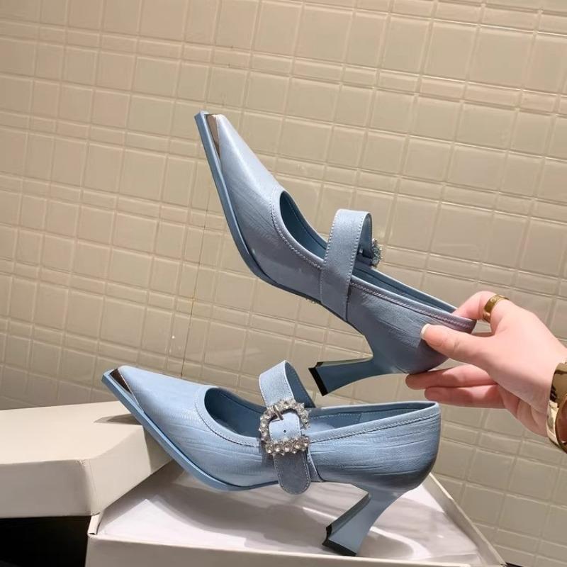 Fashion Rhinestone Buckle High Heels Autumn New Fashion Pointed Toe Shallow Mouth Temperament Simple Soft Leather Single Shoes Women