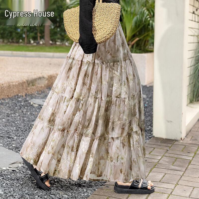 Sibaishi Women s Retro Embroidered High-Waist Pleated Midi Skirt XL