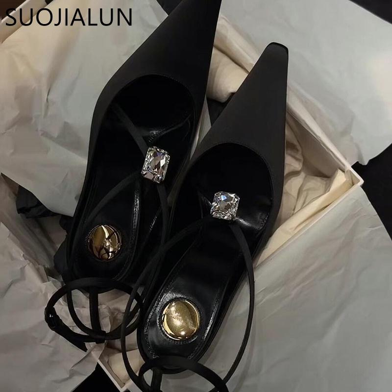 Fashion SUOJIALUN 2025 New Brand Women Sandal Fashion Big Crystal Ladies Elegant Slingback Shoes Thin High Heel Pointed Toe Dress Pumps