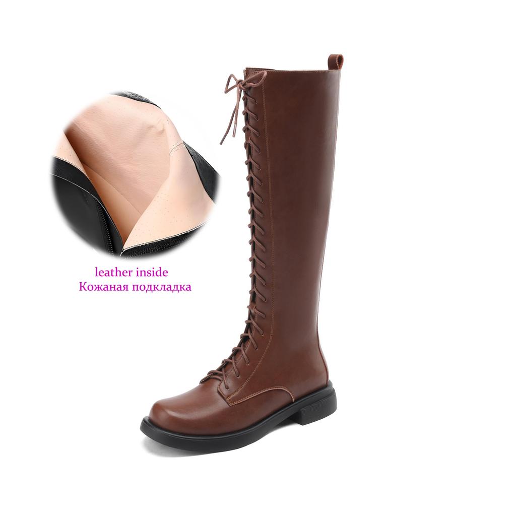 Krazing Pot Cow Split Skin Autumn Winter Shoes Concise Thick Heels Size 41 Thigh High Boots Keep Warm Round Toe Slip On Retro Knee Boots