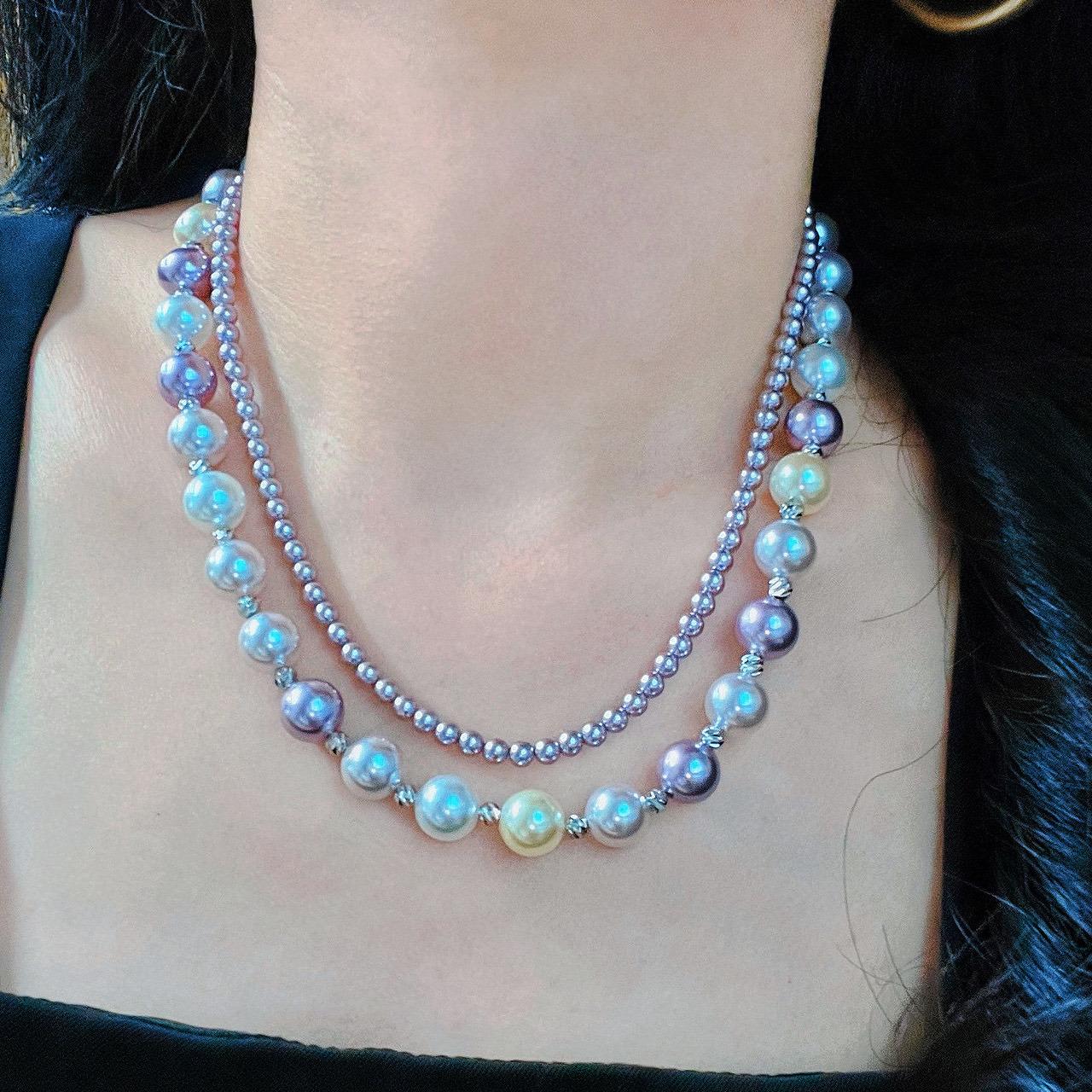 

10Mm Taro Purple Mixed Color Shijia Pearl Double-Layer Design Sweater Chain Necklace Collarbone Chain