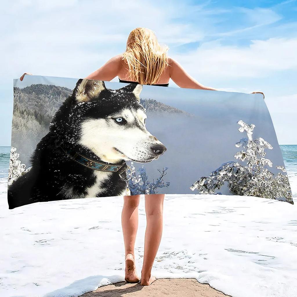 Lightweight Beach Towels Quick Dry, Husky Dog Soft Microfiber Sand Free Pool Bath Outdoor Travel Towel for Camping Swimming Yoga
