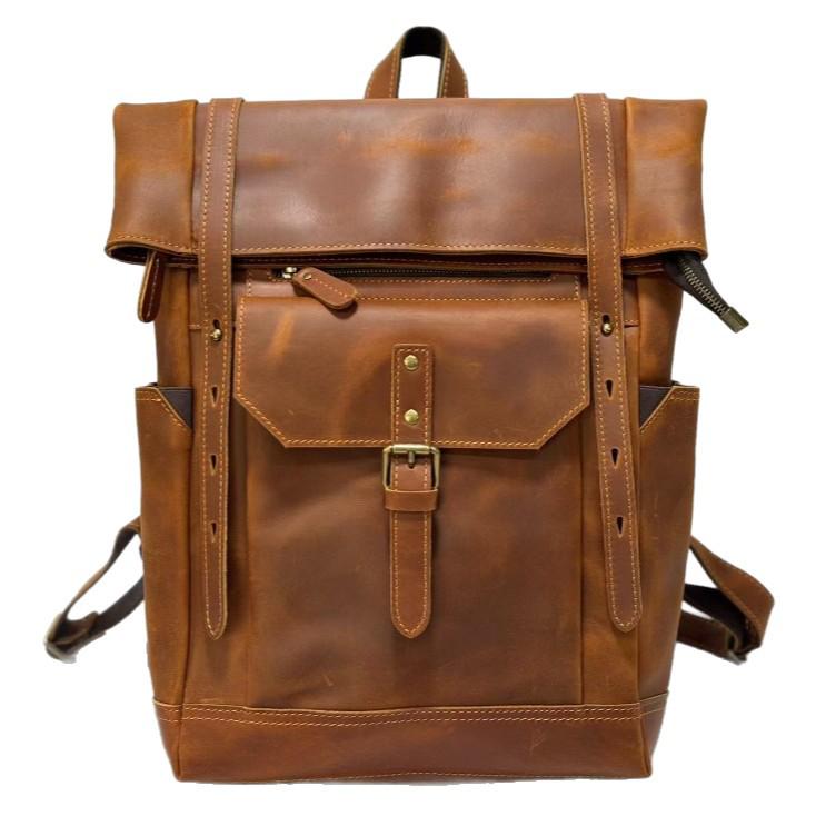 Men's Wear-Resistant Crazy Horse Leather Backpack for Travel and Hiking