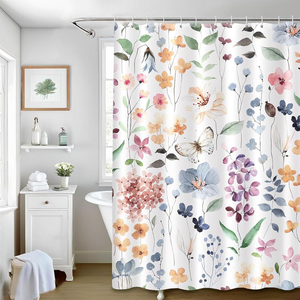 Blue Shower Curtain,Cotton Floral Cottagecore,Elegant Floral Fabric Shower Curtain Machine Washable Waterproof Bathroom Decor
