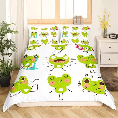 Cartoon Frog Duvet Cover Set Light Green Cartoon Frogs Cute Dragonfly Animal Bedding Set for Kid Twin Size Polyester Quilt Cover