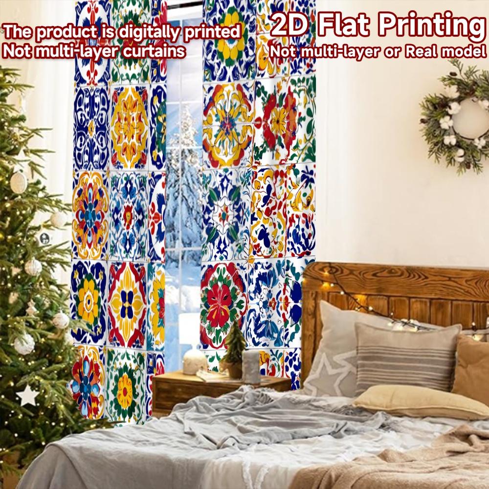 2pcs, 2D FLAT PRINTING Curtains (Without Rod) Colorful Tiles Modern Fashionable Curtainments During the Christmas Holiday