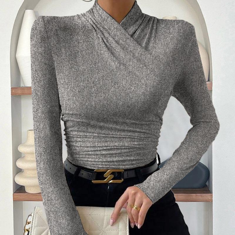 

Женская футболка осень/зима с перекрестным воротом, тонкая и универсальная, со сборками XL серый