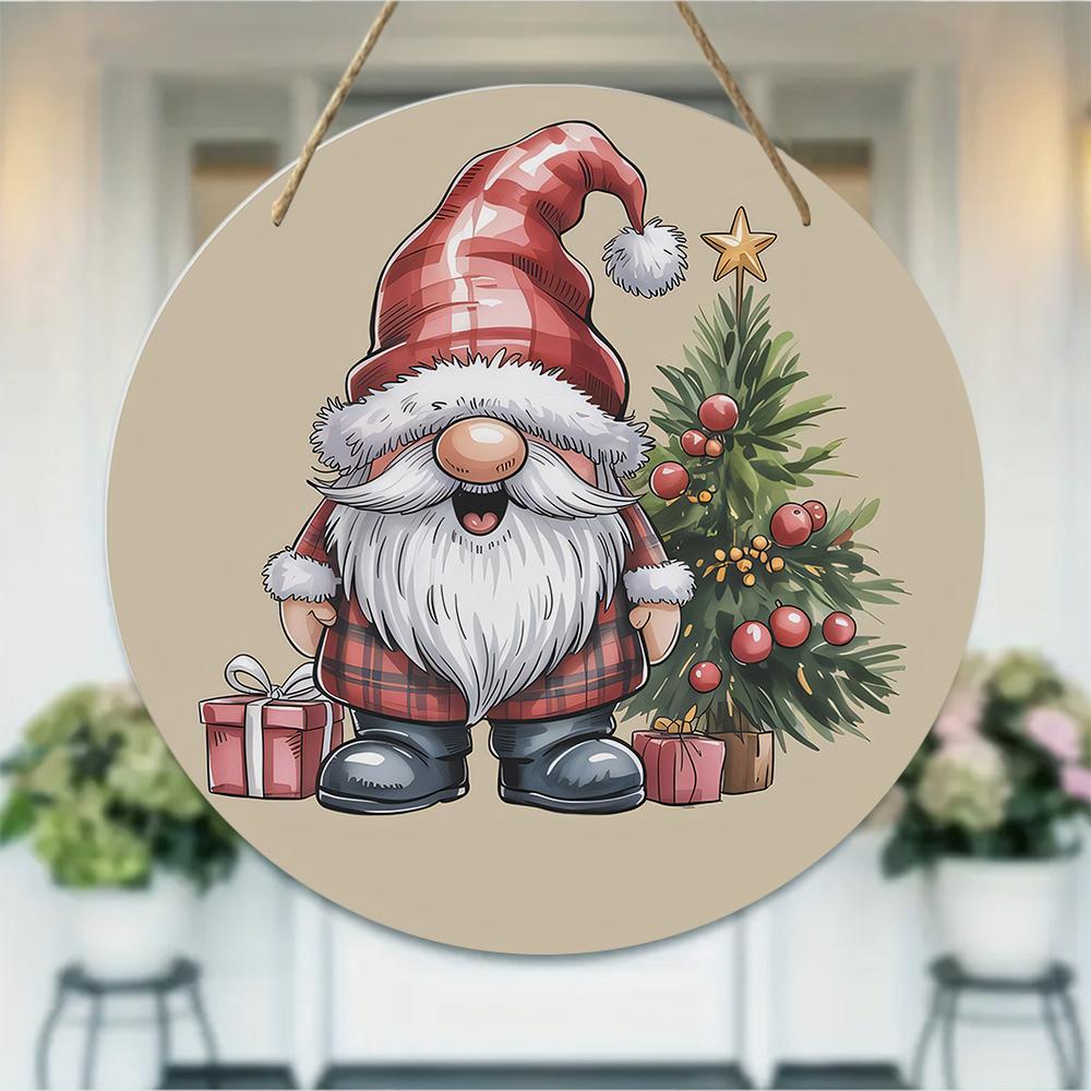 Vintage Christmas Gnome Print Round Wooden Hanging Plaque Natural Solid Wood Wall Sign Festive Indoor Door Decor Holiday Home Ornament