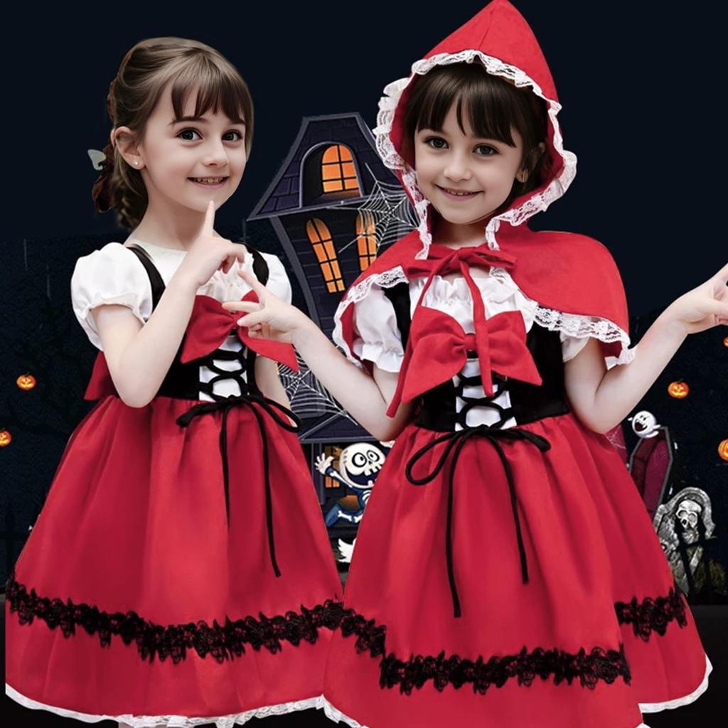 Angenster Halloween Little Red Riding Hood Costume for Set and Pumpkin Size Cute and Perfect for Commemorative Dance and Girls, 3-Piece (Dress, Cape,