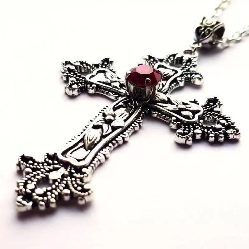 Gothic Dark Red Ruby Cross Necklace Vintage Floral Pendant For Unisex Fashion Lovers