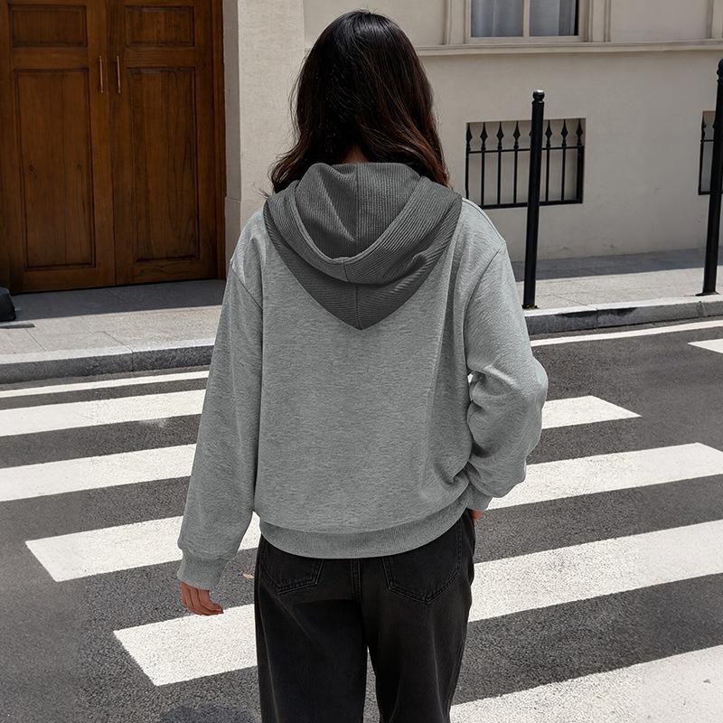 Fall New Style Hoodie - Relaxed and Feminine Style - Color-blocked, Faux Two-piece Hooded Hoodie