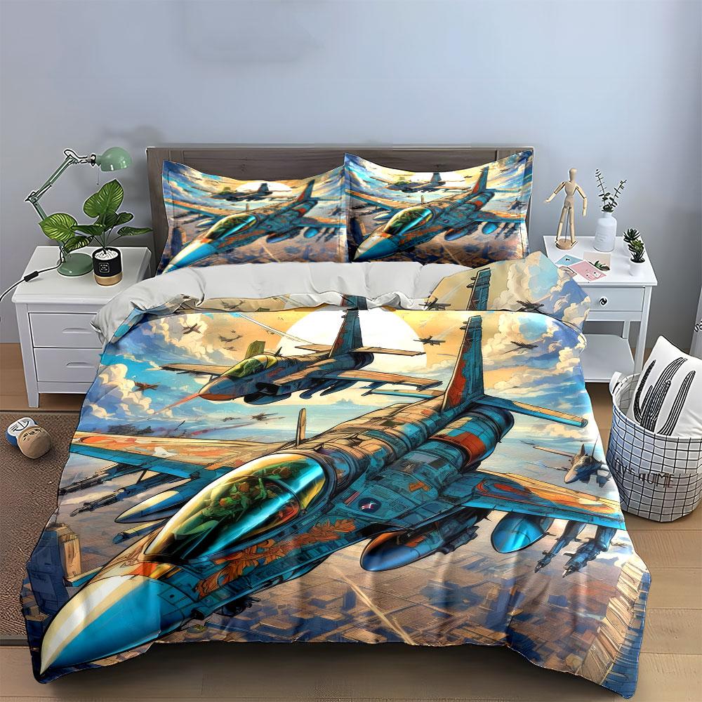 Fighter Jet Art Set Decor Bedding Set With 1 Duvet Cover 2 Pillowcases Single Double King Queen, Gift