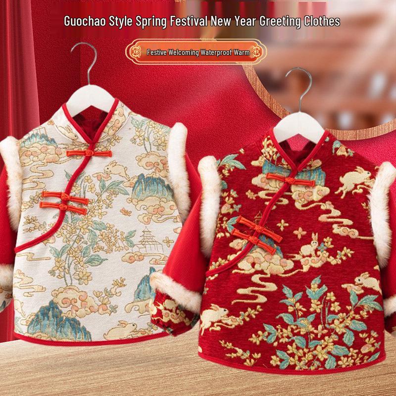 Children's Waterproof Reversible Coveralls: Chinese New Year Style - Autumn/Winter Protective Wear with Bib, Dirt-Resistant.