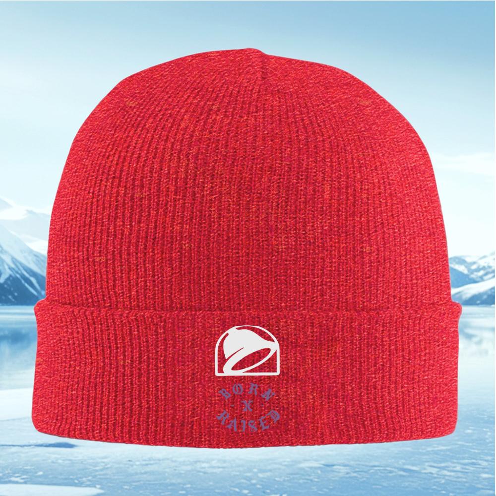 

Taco Bell logo Born Raised design Men Women Unisex Knitted Hat Beanie Pullover Cap Winter Thermal Warm Christmas Outdoor Cycling
