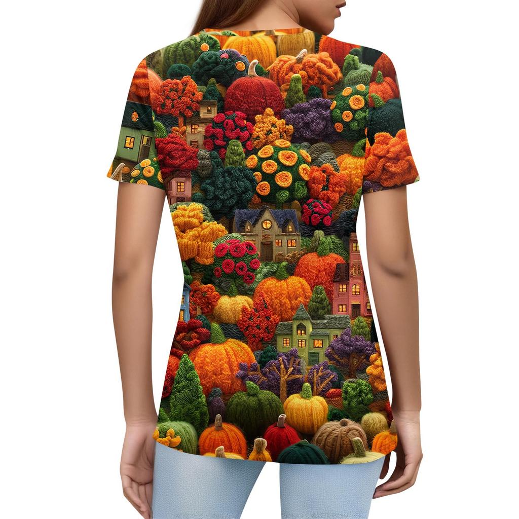 Women's T Shirt Halloween Print Button Short Sleeve Daily Weekend Fashion Basic V- Neck Regular Top