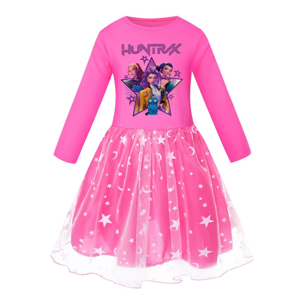 Girls' Star-Print Skirt Round-Neck Long-Sleeve Colorful Lace Patchwork Dress