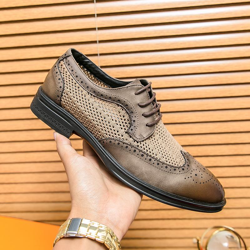 Summer Men Business Dress Shoes Pointed Mesh Breathable Casual Leather Shoes Lace Up Business Block Shoes Sizes 38-46 Men Shoes
