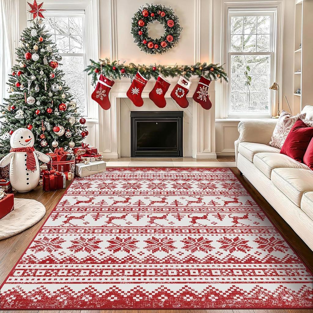 Christmas Santa Reindeer Snowflake Gift Red Green Festive Carpet Soft Non-slip Mat Rug for Living Room Home Decoration Durable