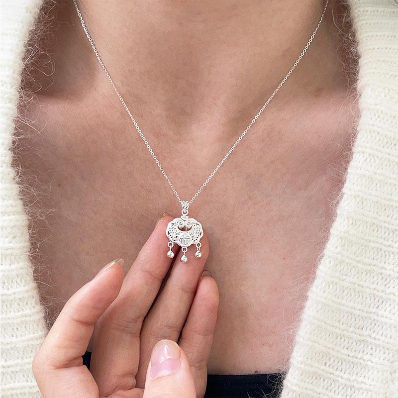 Sterling Silver Ruyi Peace Bell Necklace with Fu Character Longevity Lock