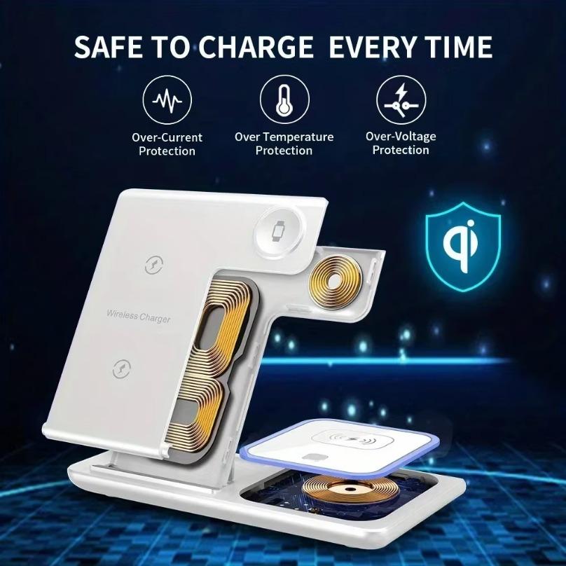 Wireless Charger LED Light Phone Stand 4 In 1 For iPhone 16 15 14 13 12 Apple Watch 8 7 6 AirPods Foldable Fast Charging Station