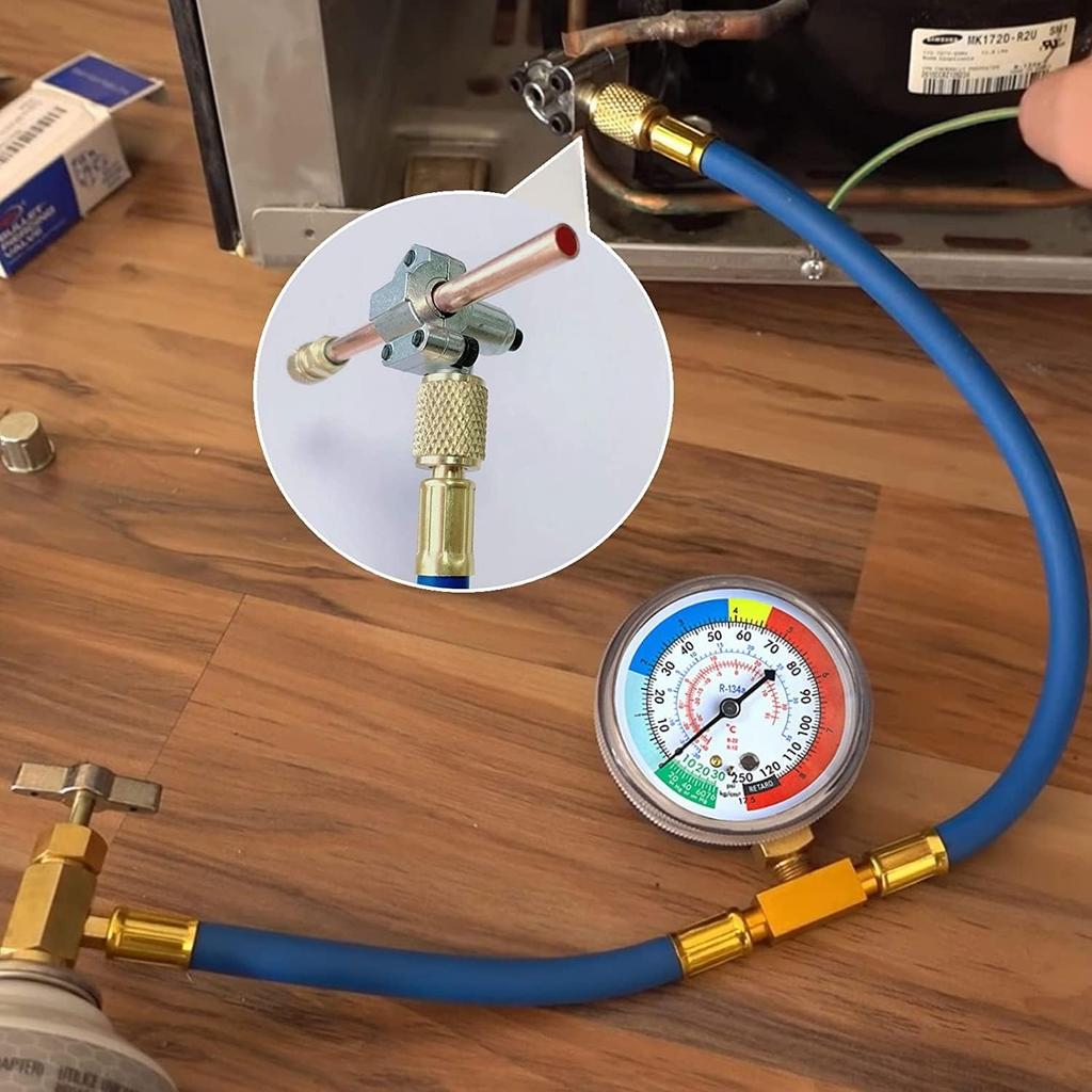 R134A Refrigerator Freon Recharge Hose Kit, R134A AC Refrigerant Charging Hose Gauge, Bullet Piercing Valve Hose Refrigerant Can Tap