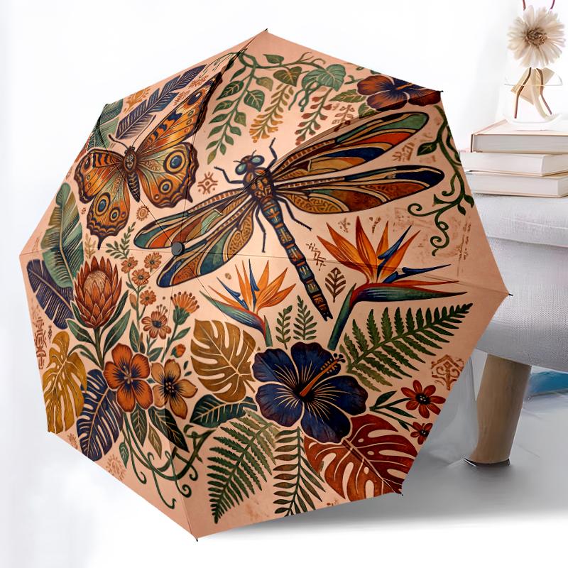 

1pc Sturdy 8-Bone Auto Umbrella, Rustic Autumn Dragonfly Floral Umbrella, Digital Printed, Foldable Umbrella for On-the-Go Outdoor Use