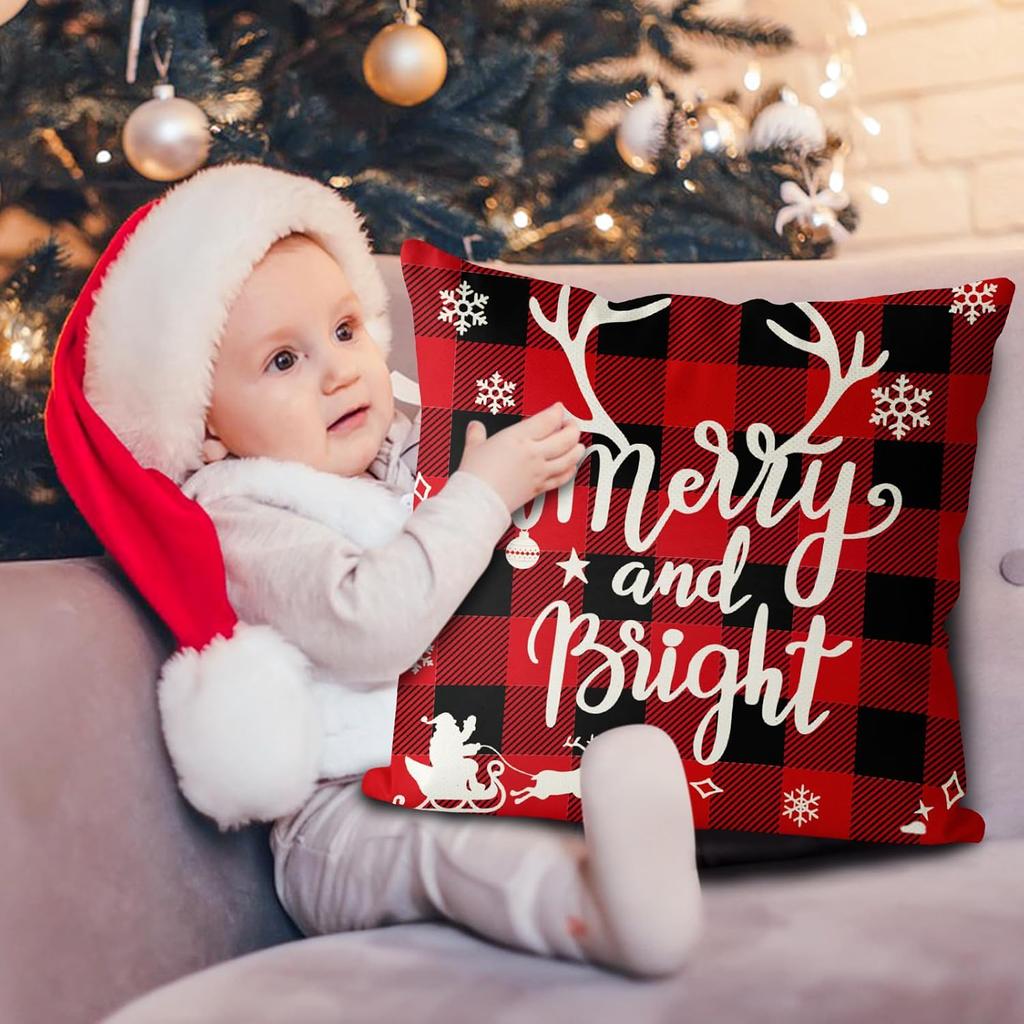 Christmas Pillow Covers 18x18 Set of 4 - Red Black Buffalo Check Plaid Decor - Indoor Outdoor Xmas Throw Pillow Cases for Sofa Couch
