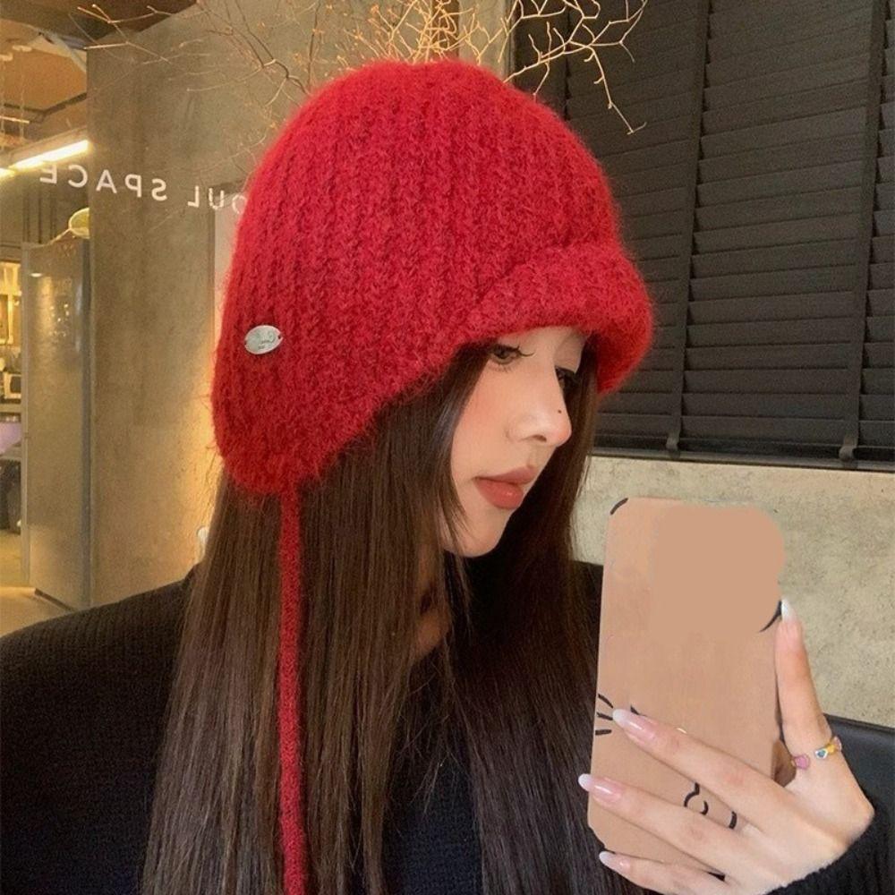Rabbit Fur Earflap Hat Solid Color Beanie Hat Casual Knit Cap  Winter