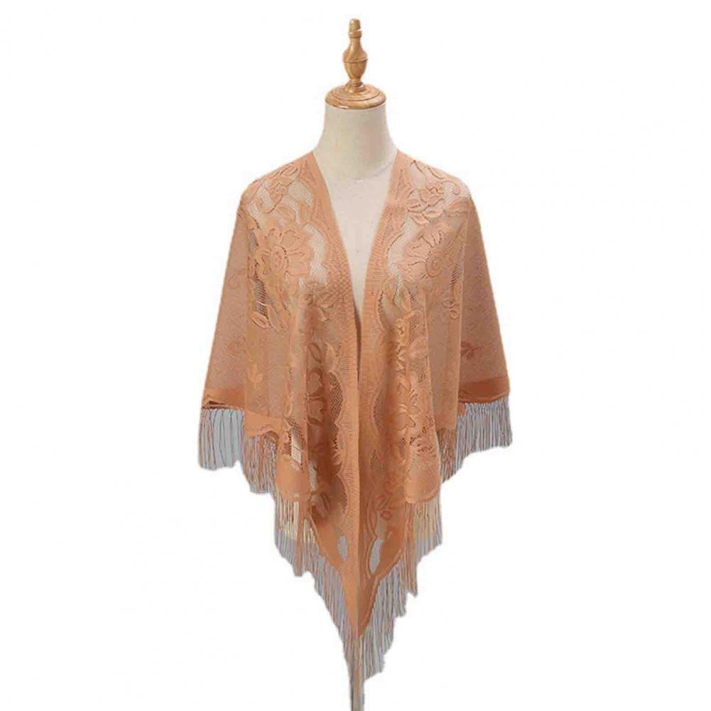 1116  Women Party Shawl Flower Embroidery Hollow Out Tassel See-through Solid Color Clothes Matching Cardigan Prom Scarf Lady