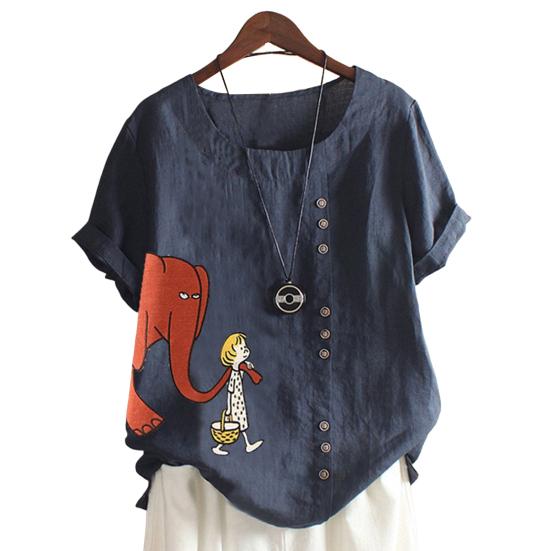Damen-T-Shirt mit Cartoon-Motiv, Elefantenmuster, kurze Ärmel, atmungsaktiv, O-Ausschnitt, lockerer Knopf, Dekor, Sommer, Damen, lässiges T-Shirt, Bluse, Oberteil, Alltagskleidung