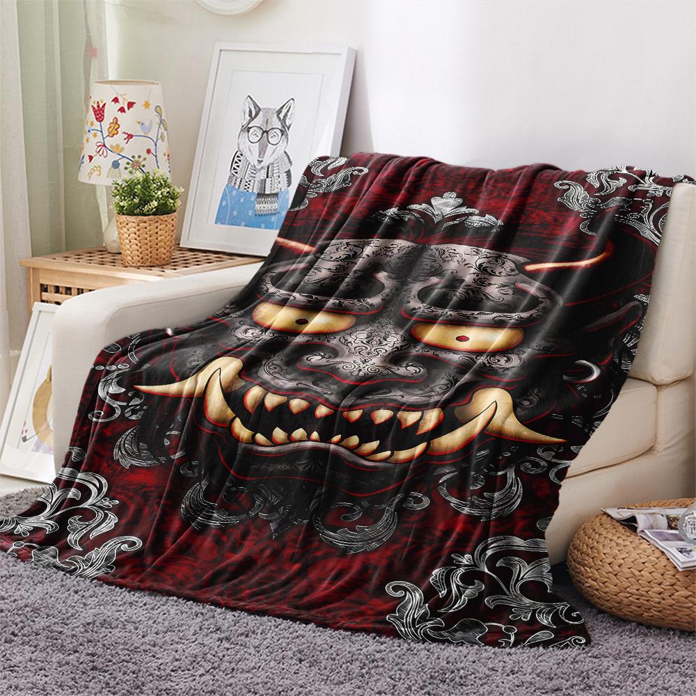 1Pc Hannya Samurai Print Flannel Blanket, High quality Comfortable for All Seasons, Home Decor, Warmth and Comfort, Perfect for Christmas Gifts