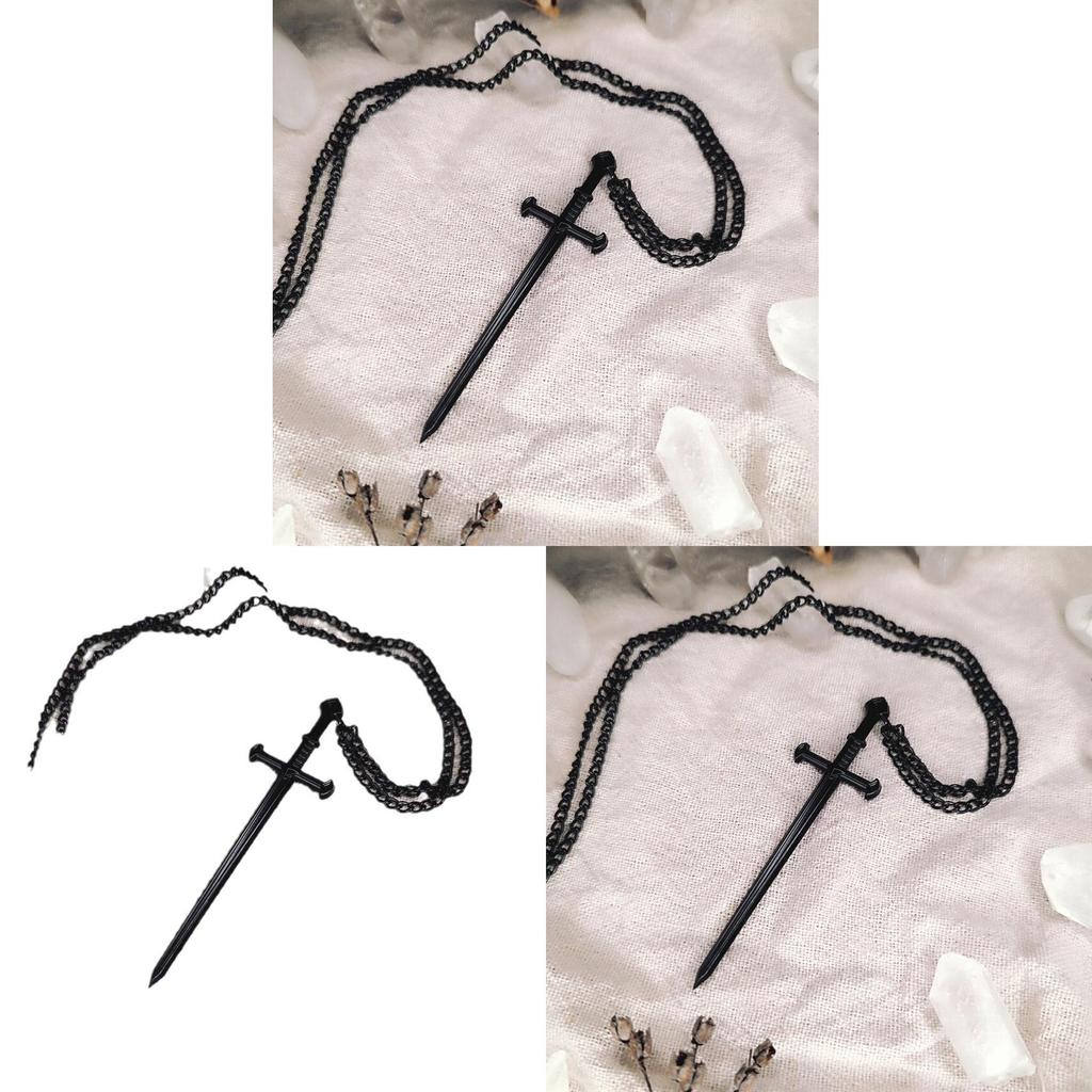 Gothic Black Long Sword Pendant With Cross Chain For Women