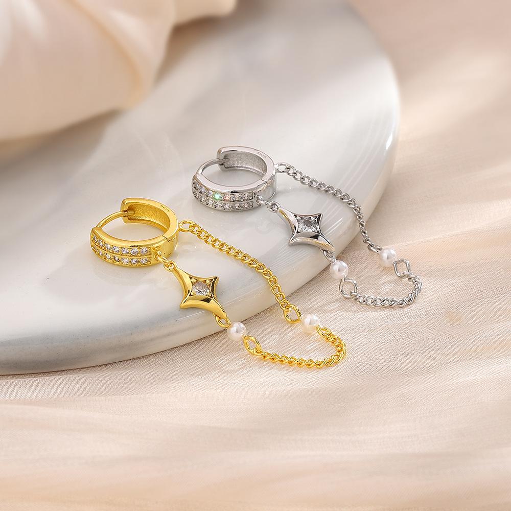 Diamond-Encrusted Four-Star Earrings Long Chain Pearl Earrings Internet Celebrity Fringed Cross Star Ear Buckle