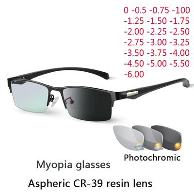 Men Half Metal Frame Photochromic Myopia Eyeglasses Women Chameleon Sun Prescription Glasses -0.5 -0.75 -1.0 -2 To -6