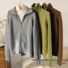 Women's European Style Pure Wool Turn-Down Collar Cashmere Cardigan with Double Zipper Knitwear.