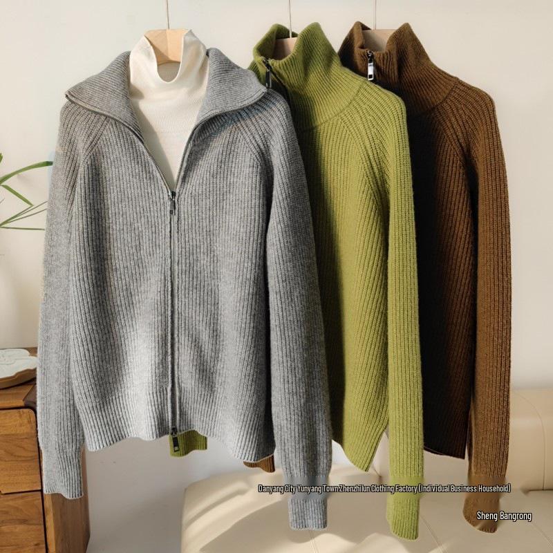 Women's European Style Pure Wool Turn-Down Collar Cashmere Cardigan with Double Zipper Knitwear.