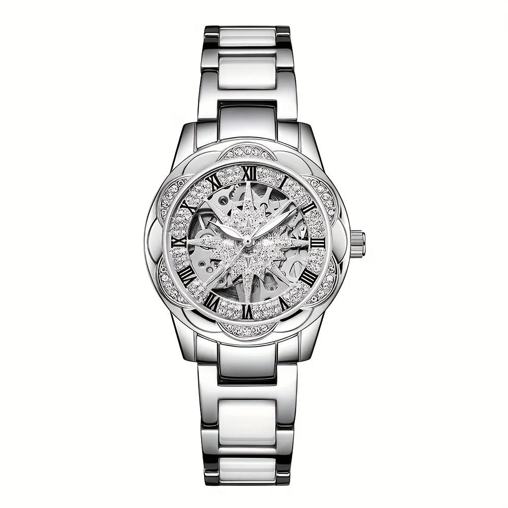 

Fashionable ladies stainless steel mechanical watch with embellishment double-press butterfly buckle hollow star design bracelet срібний