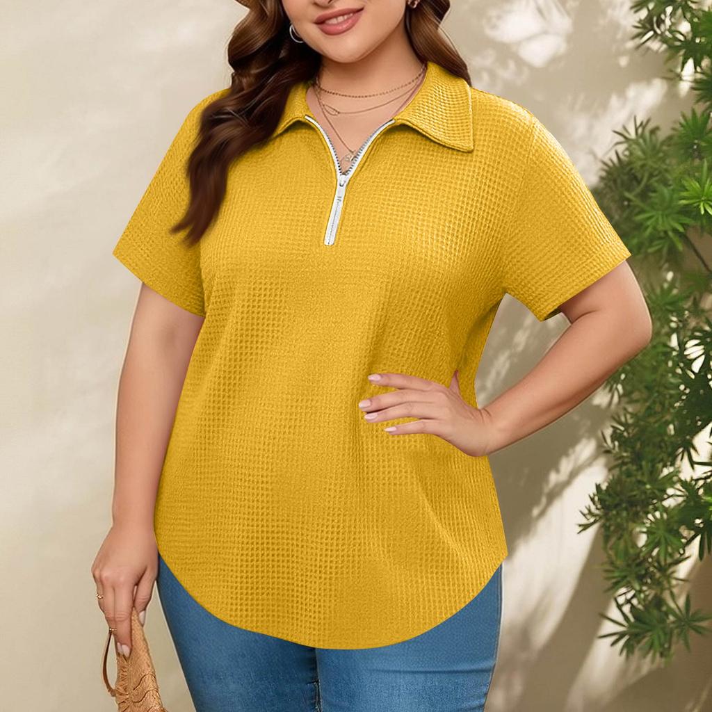 Women's Fashionable Casual Loose Fit Zipper Short-Sleeve Top