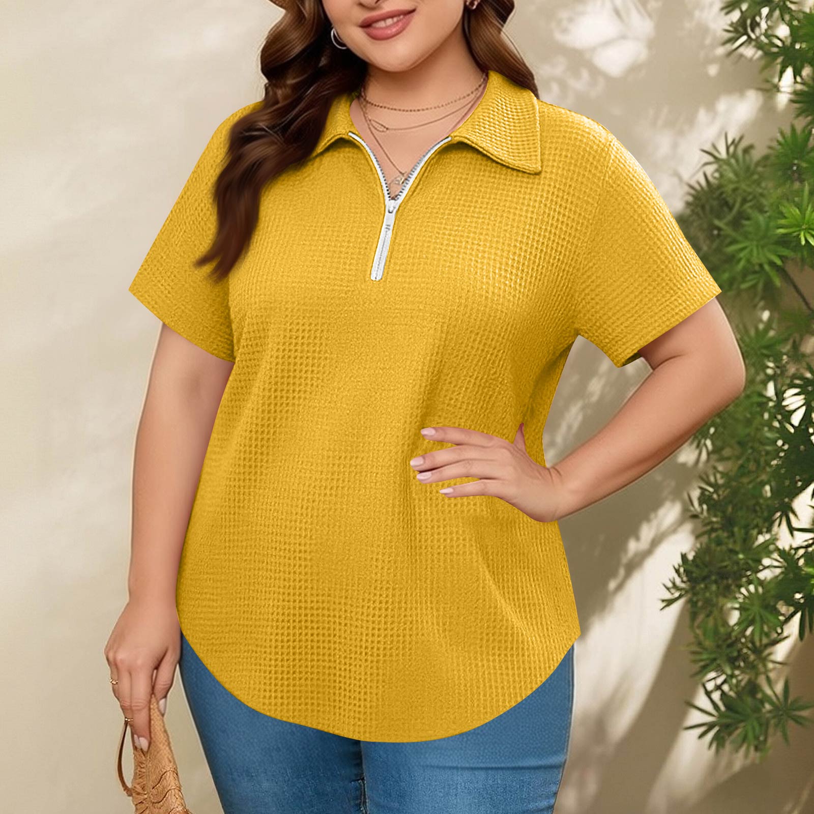 

Women s Fashionable Casual Loose Fit Zipper Short-Sleeve Top XL жовтий
