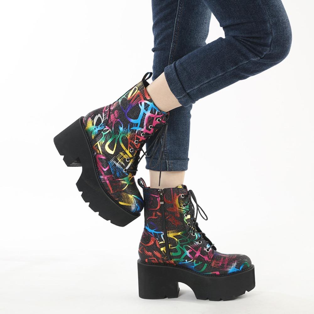 Fashion 2025 Colorful Striped Round Toe Women's Ankle Boots with Velvet Zipper Thick Soled Boots Women Shoes Zapatos De Mujer