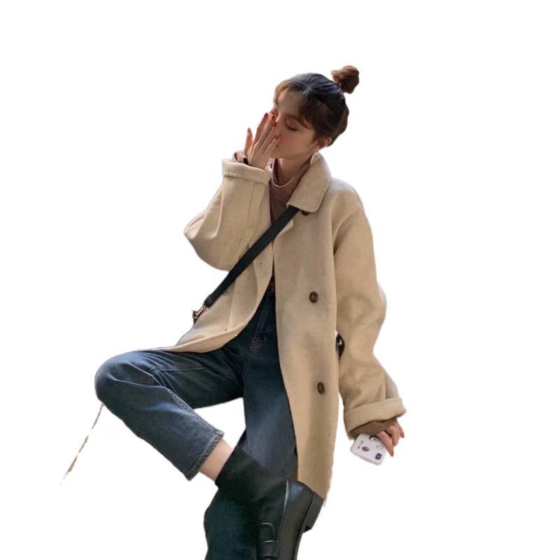 Korean Oat-Colored Wool Coat - Women's Mid-Length Loose Fit, Autumn/Winter Versatile Outerwear