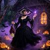 Halloween Theme Party Supplies Witch Broom, Black Tulle Cosplay Costume, Gothic Costume Prop Rose Skeleton Hand Broomstick for Party, Home Decor