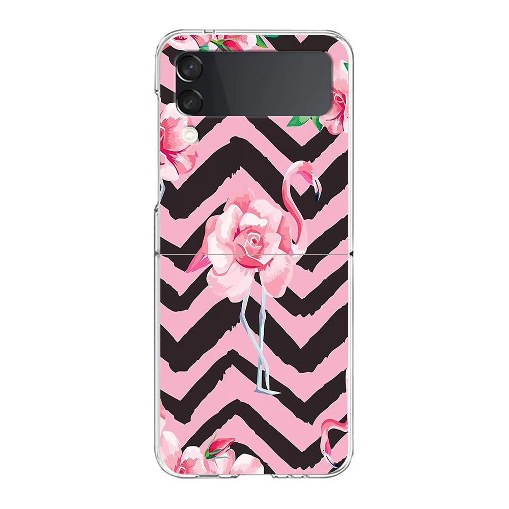 Phone Case For Samsung Galaxy Z Flip 3 4 5 Hard Folding Clear PC Bumper Lovely Pink Flamingos Leaf For Samsung Z Flip 6 Cover