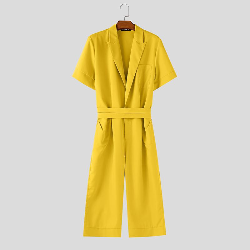 

INCERUN Мужские комбинезоны с лацканами, короткими рукавами, шнуровкой, однотонные, повседневные, на молнии, длинные XL