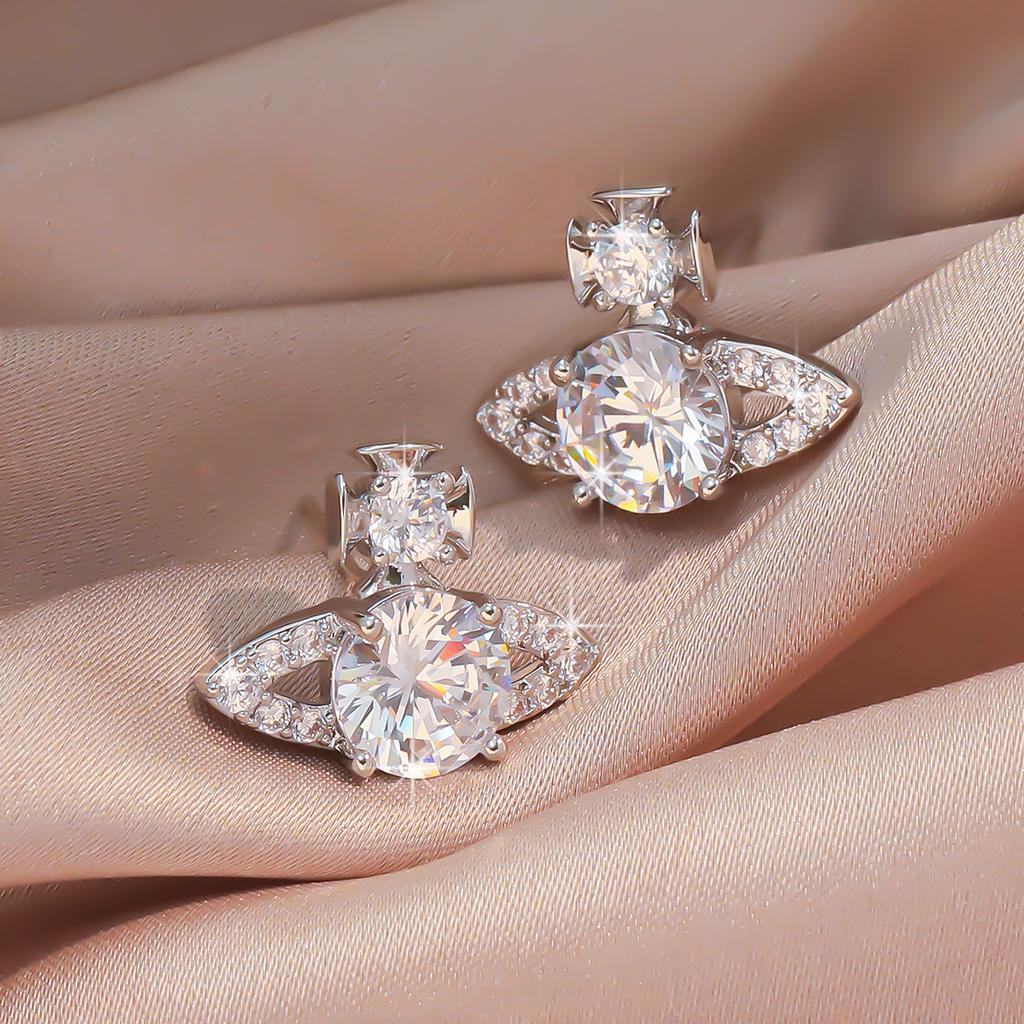 Chic Saturn - Shaped Crystal Stud Earrings Sparkling Unique Design Posting Earrings For Women Elegant Date Jewelry