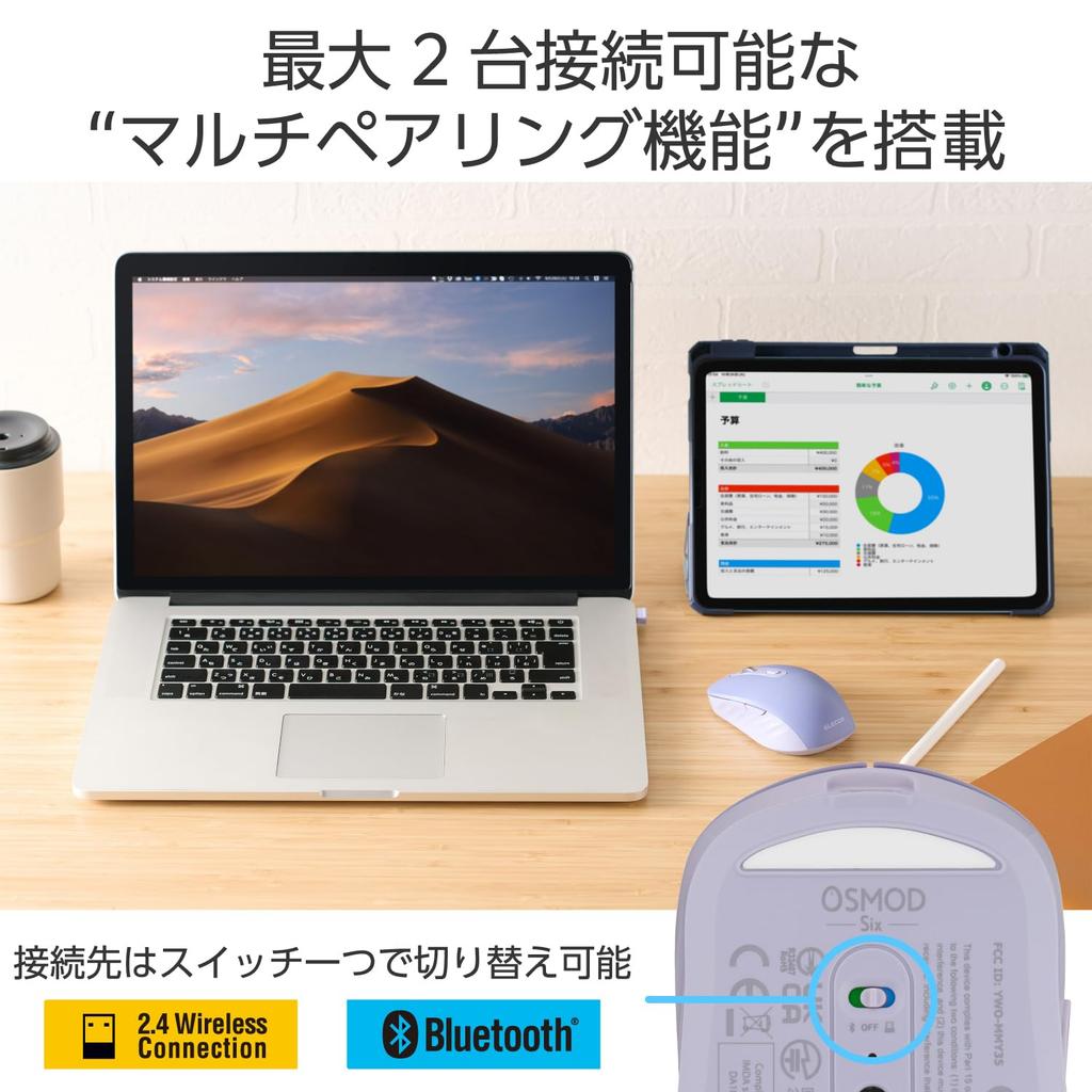 ELECOM Wireless OSMOD 6 Mouse, Quiet, Rechargeable, Six, Bluetooth, 2.4GHz, 2-Device Connection, Multi-Pairing, Buttons, Blue, M-MY35MBSBU-G