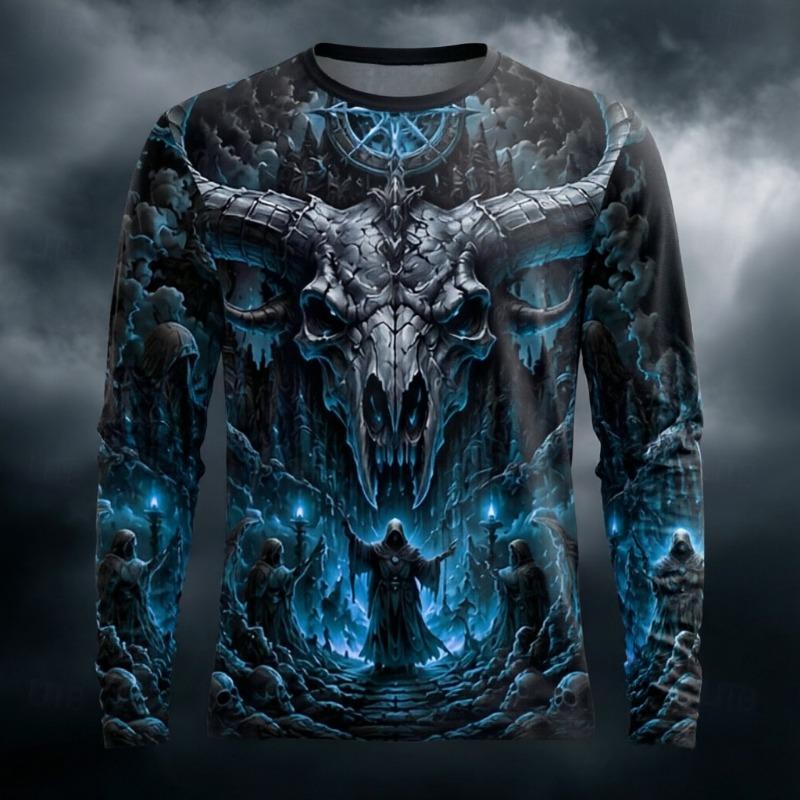 Men's Long Sleeve T-Shirt 3D Full Print Gothic Bull Skull Wizard Werewolf Dark Castle Halloween Street Crew Neck Tops