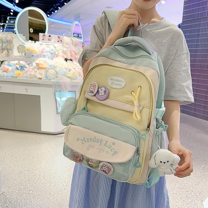 Color Simple Blocked Letter Pattern Student Backpack With Badge Pendant And