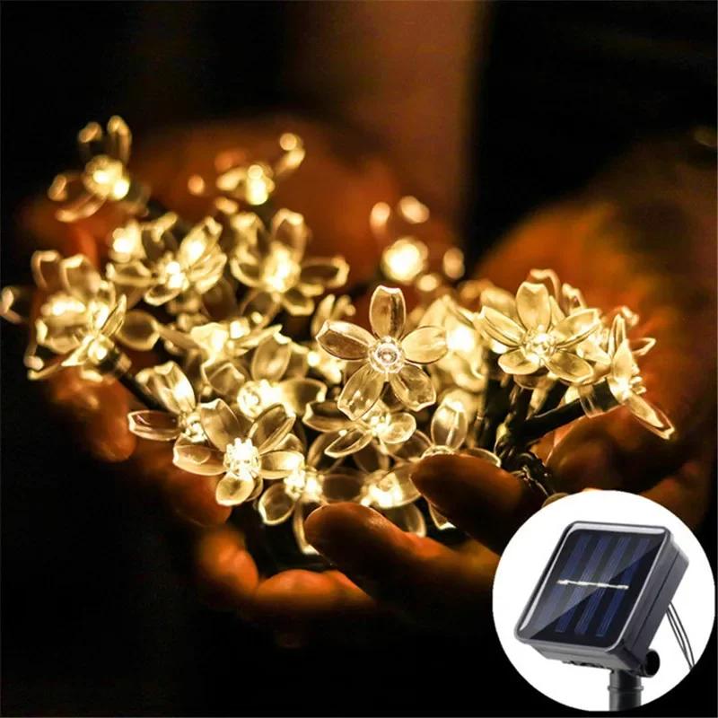 

20/50 светодиодов гирлянда на солнечных батареях с изображением цветущей вишни, водонепроницаемая, 5 м, 7 м, украшение двора, газон, сад, рождественские огни 5M 20LED теплый белый